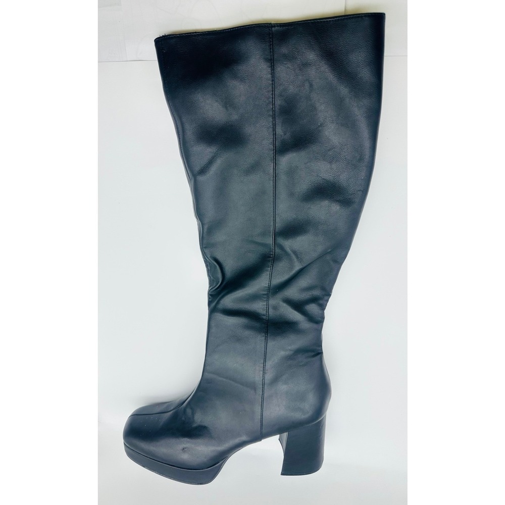 Rouge Helium Black Leather Platform Knee High Boots Size 12 42 Block Heel Retro